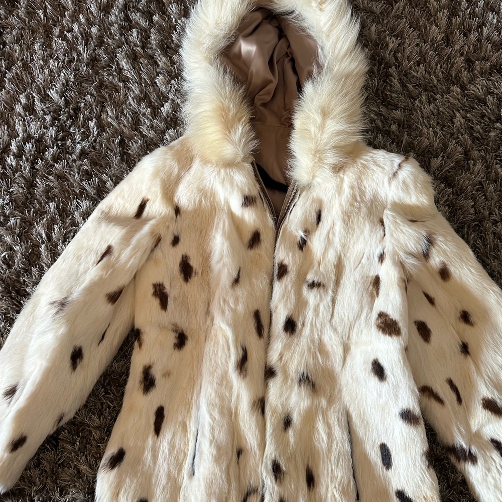 Faux Fur Hooded Coat with Spotted Design